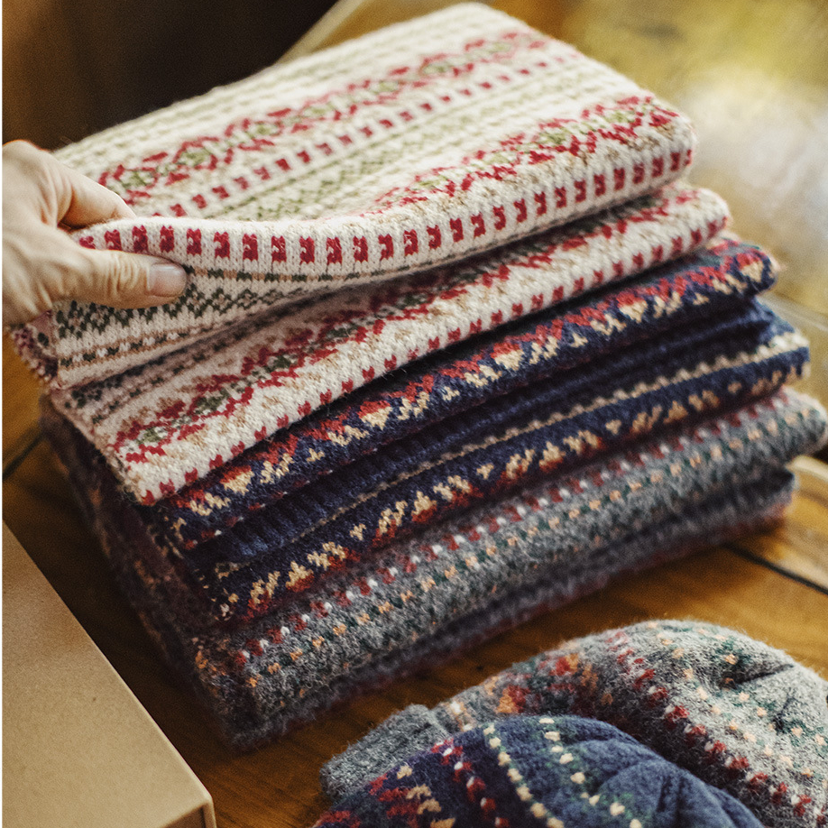 美式復古費爾島風圍巾保暖毛線帽子套裝秋冬季