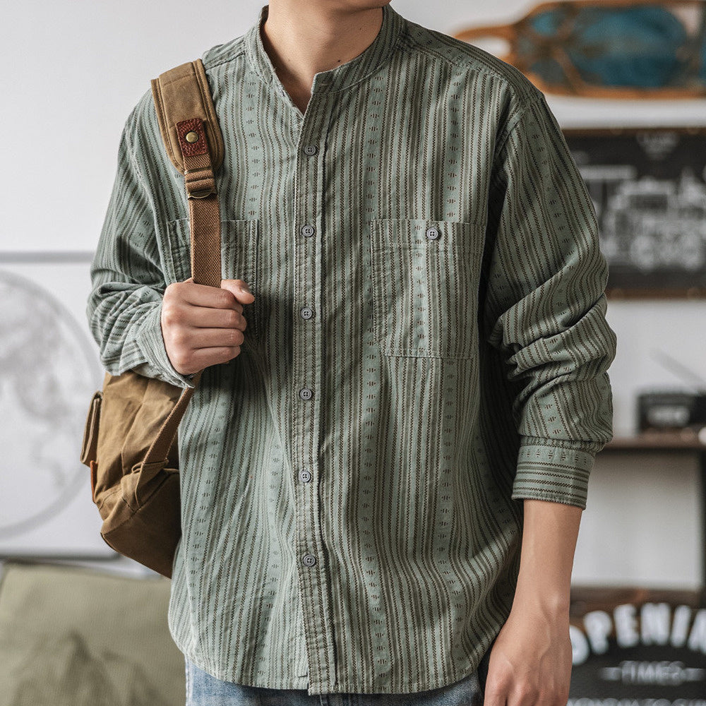 美式民族風圓領長袖襯衫男 條紋亨利立領寬松襯衣秋