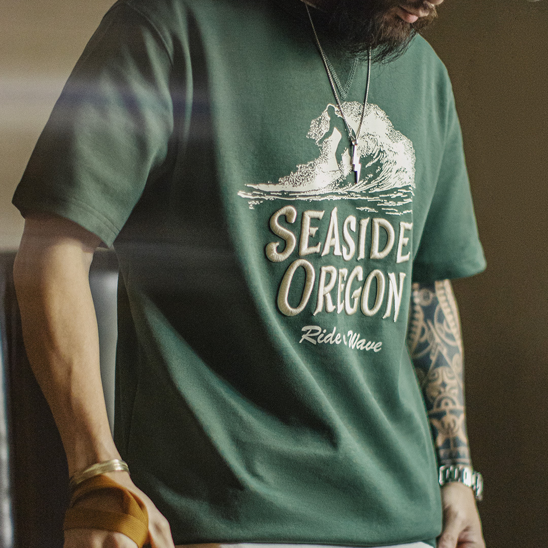 美式復古立體刺繡T恤數碼印花螺紋領口綠色短袖男士夏季