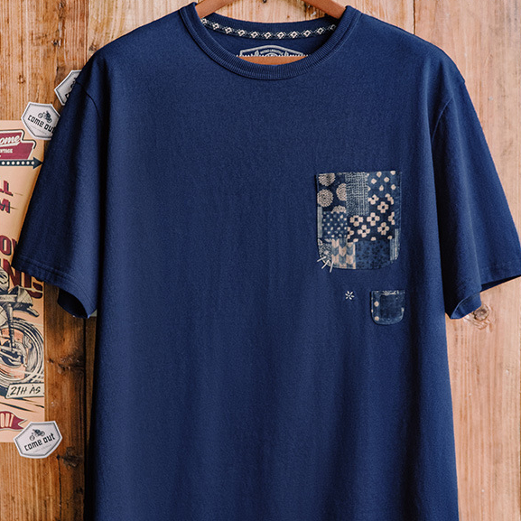 植物藍染古布拼接口袋T恤美式復古indigo純棉上衣男夏季