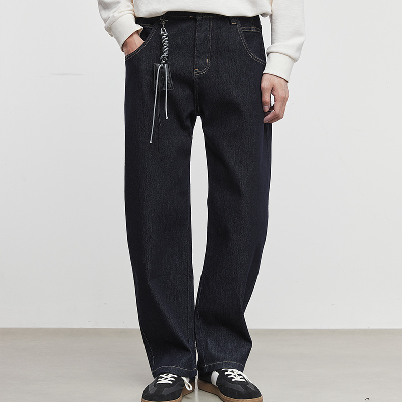 美式復古微闊休閒牛仔褲男秋季水洗深靚時尚簡約直筒褲潮