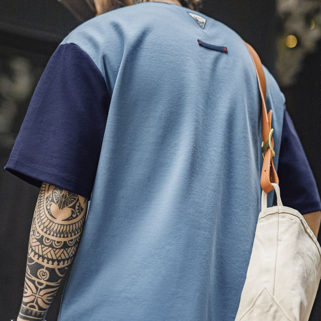 美式復古拼色T恤螺紋領口落肩袖寬鬆空氣層撞色短袖男夏