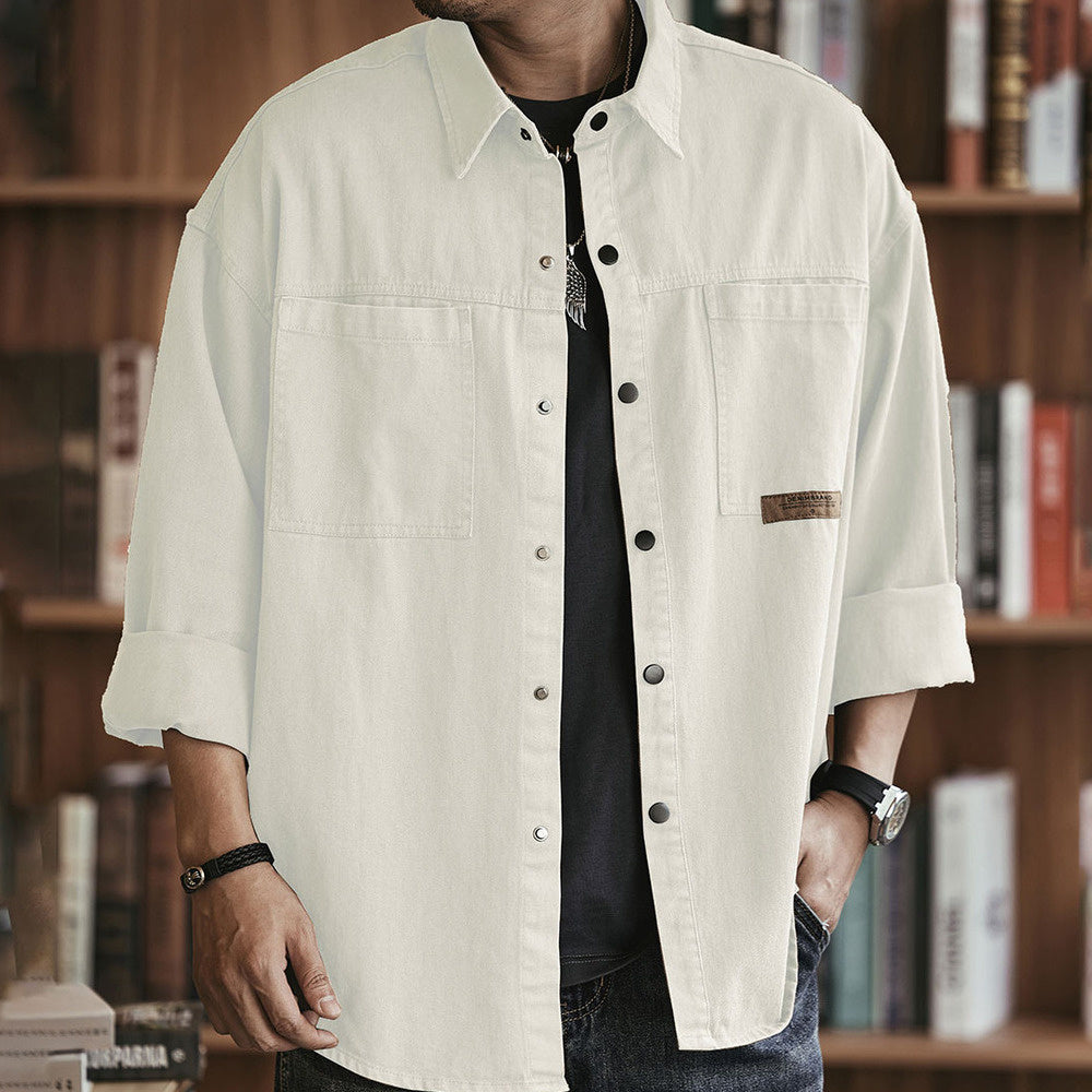 美式米白色工裝襯衫男士春秋新款寬松休閑上衣潮牌長袖襯衣男