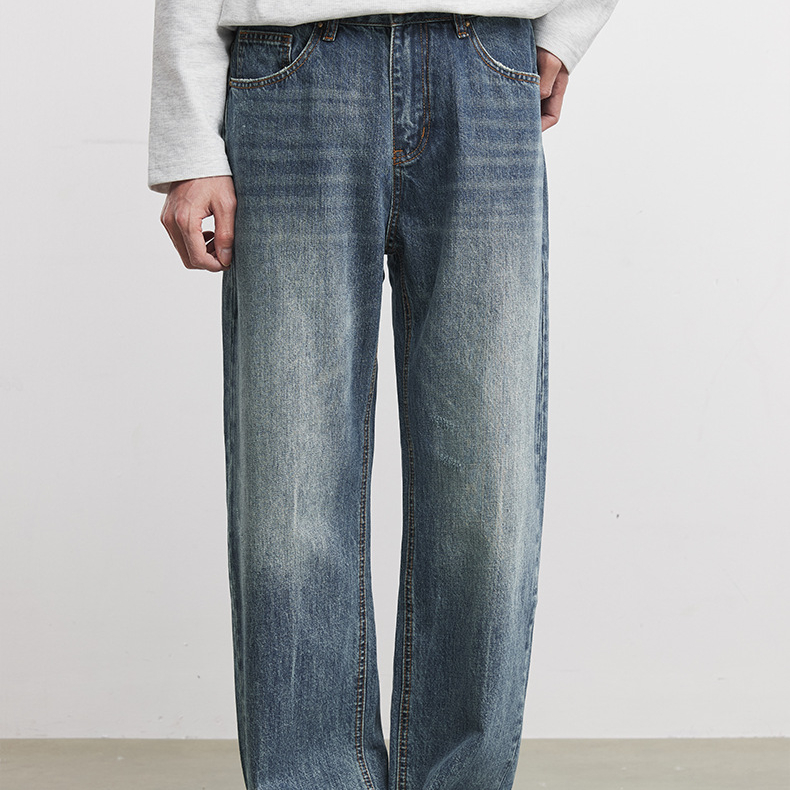 藍色直筒牛仔褲石磨水洗竹節紋長褲男士春季新款寬鬆顯瘦褲子