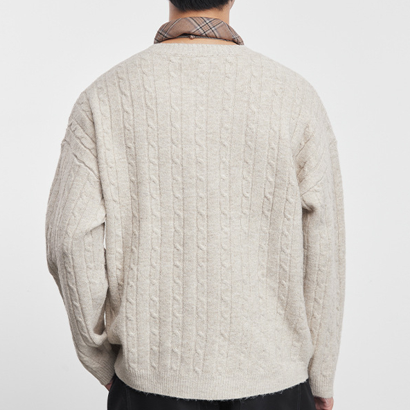 男士亨利領絞襟麻花針織毛衣秋冬寬鬆休閒套頭內搭上衣男