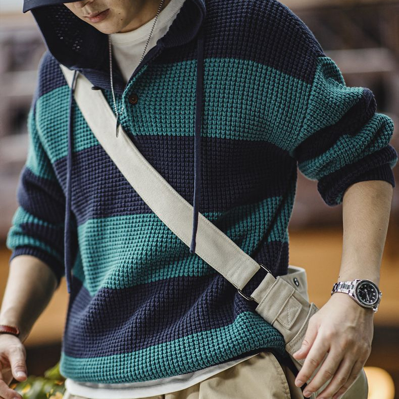 美式休閒撞色條紋連帽針織衫學院風毛衣寬鬆套頭衛衣男秋