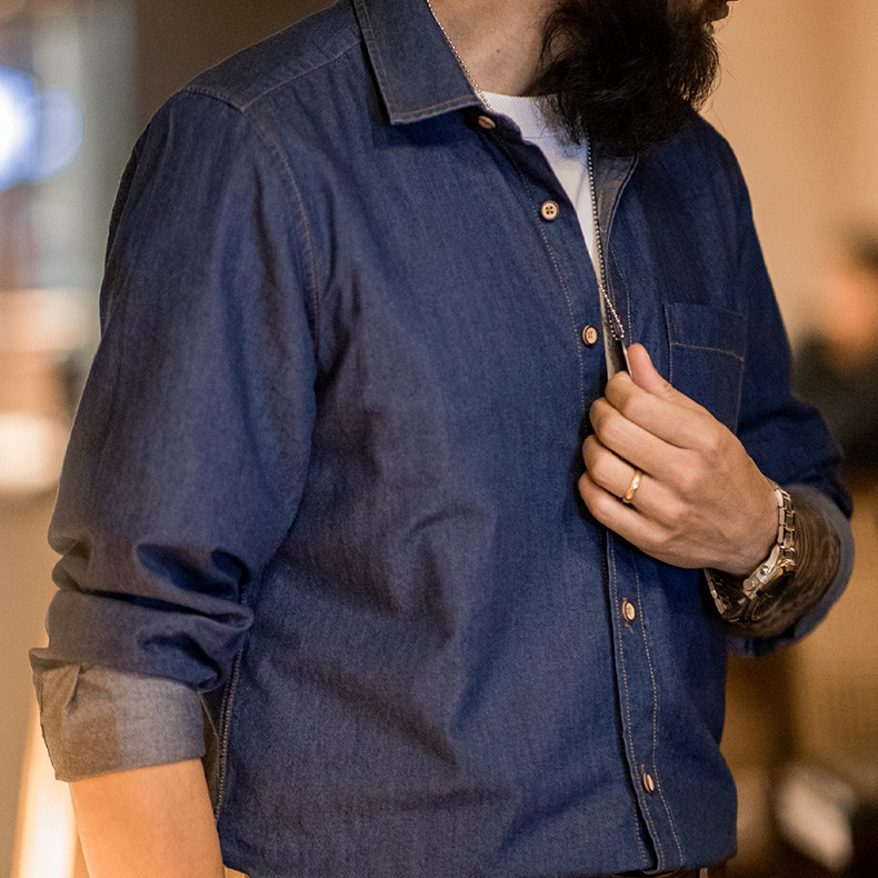 美式復古單口袋工裝牛仔襯衫丹寧休閒長袖修身襯衣男春季