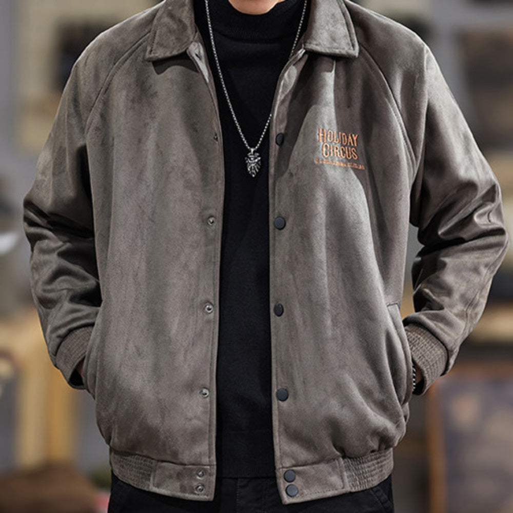高端美式復古麂皮絨夾克男寬松潮牌百搭上衣秋冬新款男款外套