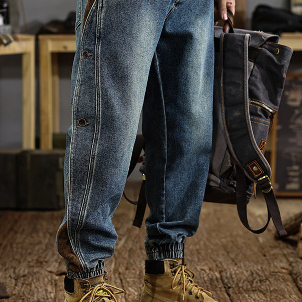 高級感排扣設計牛仔褲男寬松束腳潮流百搭美式復古撞色哈倫休閑褲