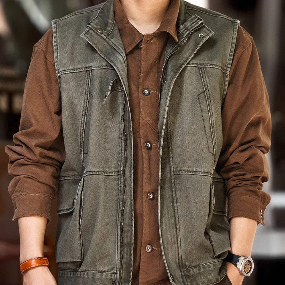 美式復古戶外馬甲男秋季潮牌寬松戰術口袋坎肩工裝釣魚外套