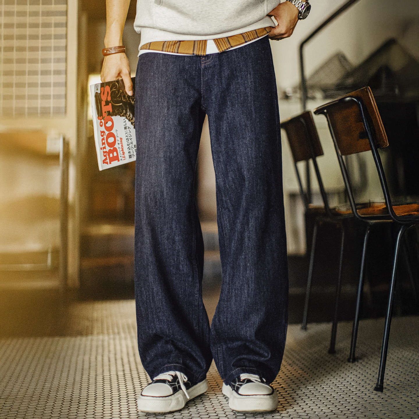 美式復古竹節深藍色牛仔褲直筒水洗丹寧休閒長褲子男士秋
