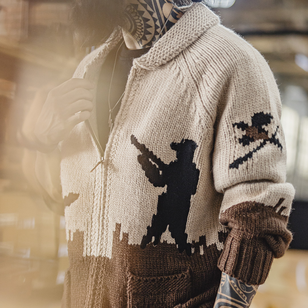 美式復古刺繡青果領毛衣卡其色開衫老錢風毛衫外套男秋冬