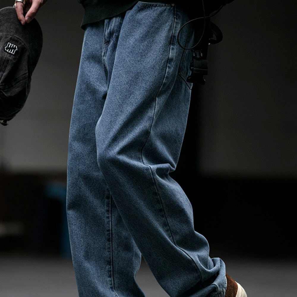 復古水洗基礎款牛仔褲男潮牌春秋新款cleanfit寬松微錐直筒褲