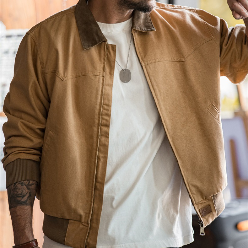 美式復古重磅聖達菲帆布夾克水洗純棉翻領短款外套男秋季