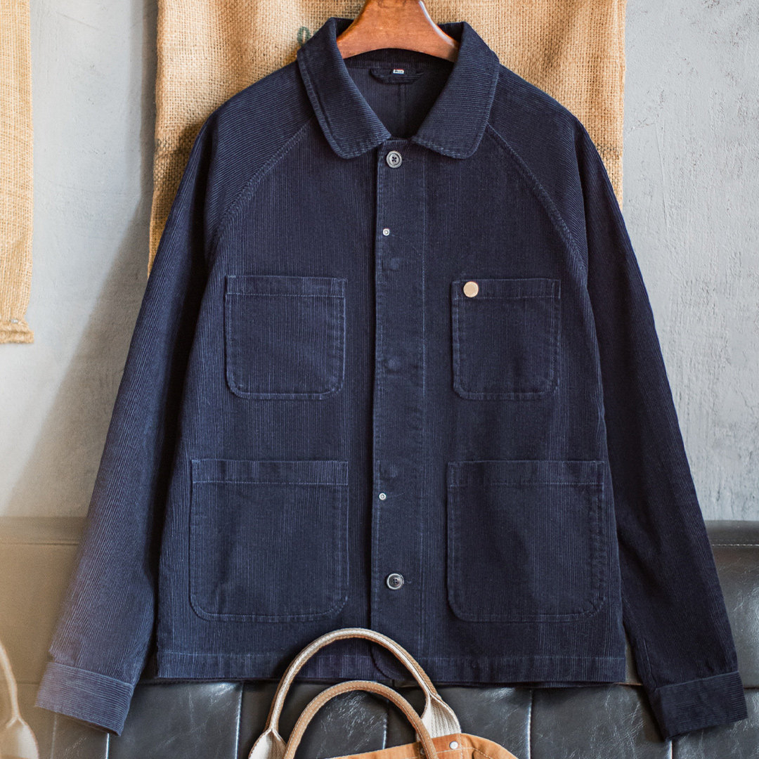 美式復古燈芯絨四袋獵裝夾克短款藏藍色翻領薄款外套男春