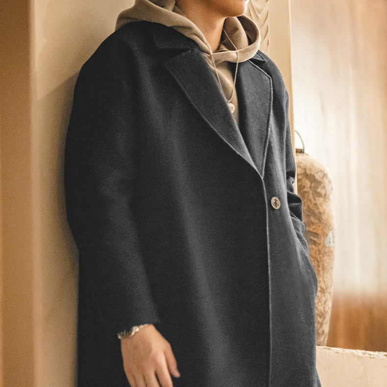 美式復古重磅羊毛呢子大衣黑色加厚寬鬆中長款外套男秋冬