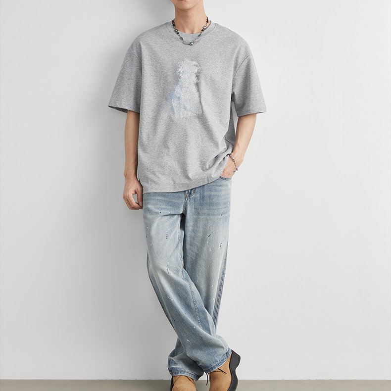 重磅220g棉紡親膚網格漸變T恤男夏季圓領寬鬆街頭潮流短袖