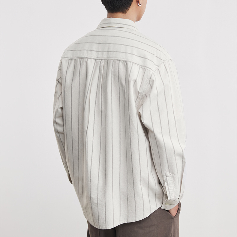 時尚牛津寬條紋純棉翻領長袖襯衫男春秋季2026新款男士襯衣潮