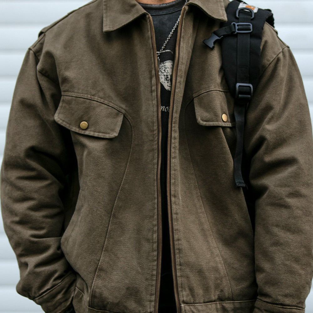 美式重工水洗底特律工装翻领棉衣男潮牌皮质贴标加厚棉服