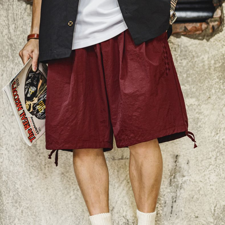 美式納瓦霍刺繡短褲寬鬆紅色肌理感沙灘薄款五分褲男夏季