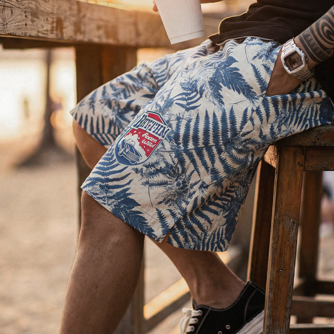 美式印花沙灘褲海邊度假短褲寬鬆薄款外穿休閒五分褲男夏