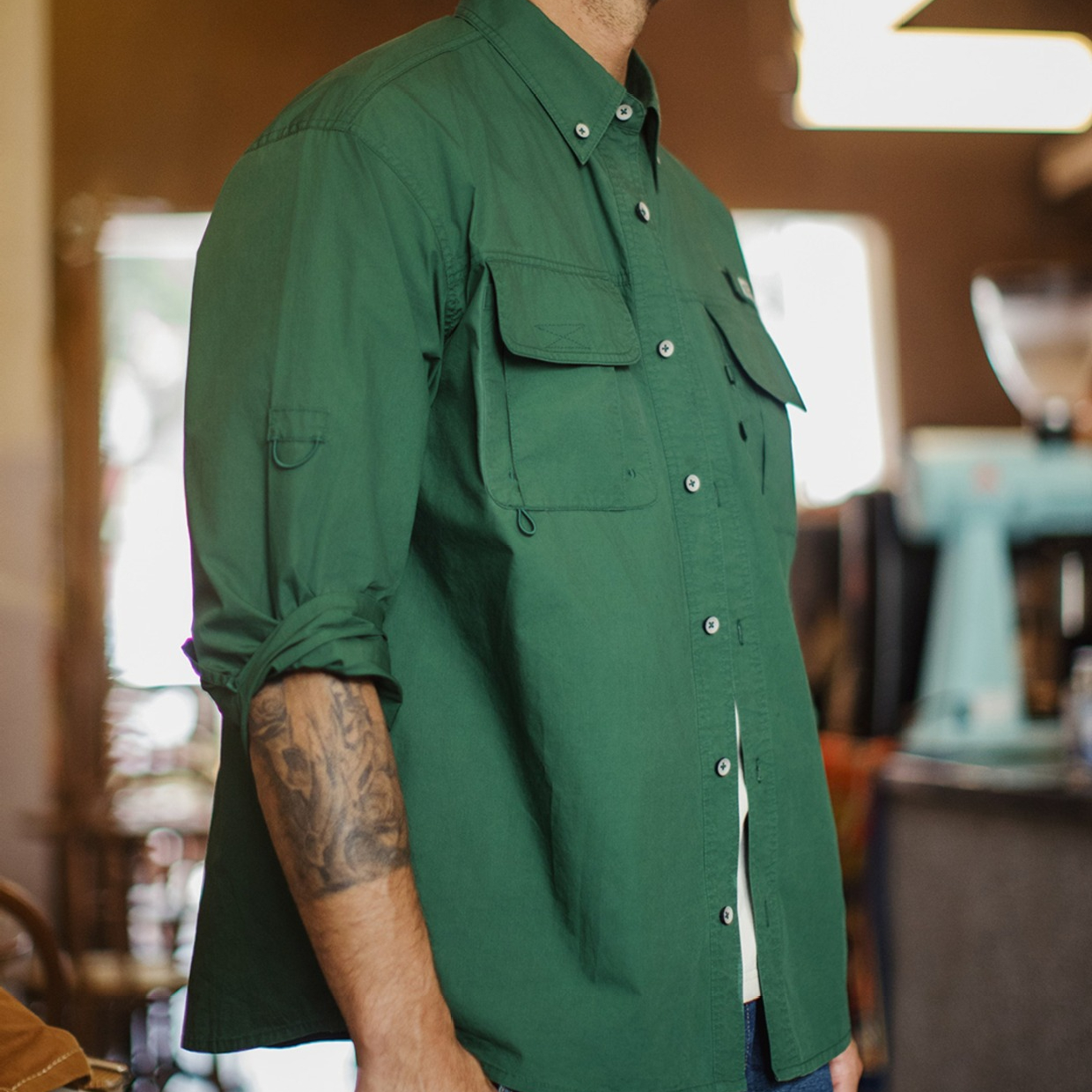 美式復古多口袋襯衫外套綠色純棉疊穿長袖襯衣薄款男夏秋