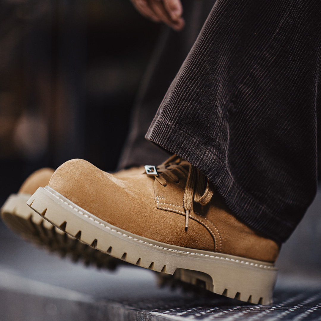 棕色德比大黃靴子低幫厚底美式增高通勤工裝大圓頭皮鞋男款