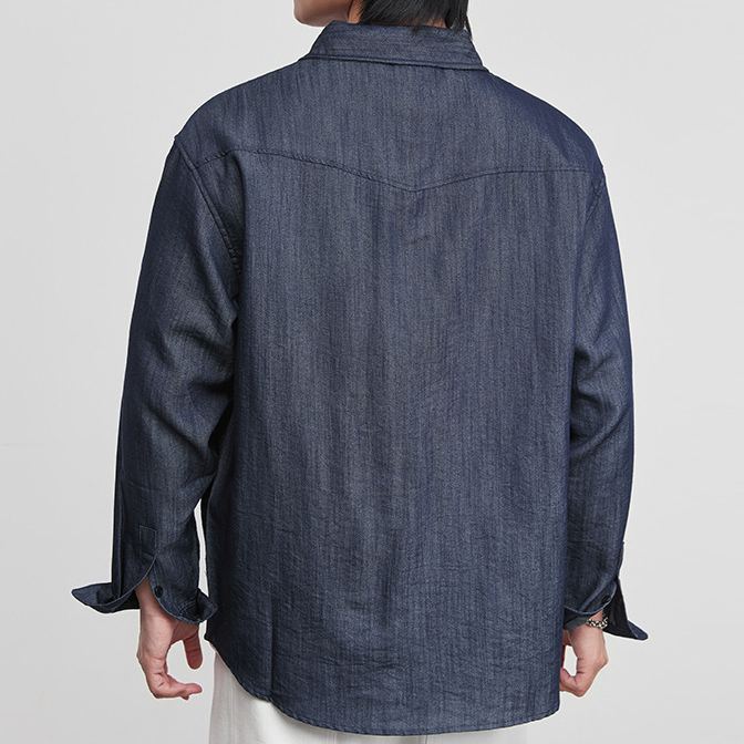 仿牛仔布長袖襯衫壓皺拼接雙貼袋襯衣男士新款春季休閒薄外套