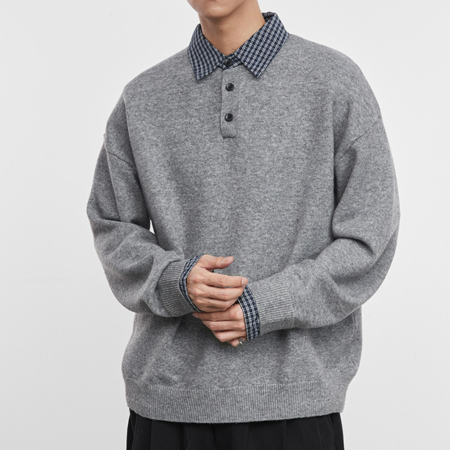 格领620G重磅混纺拼色翻领毛衣男冬季美式保暖宽松时尚潮