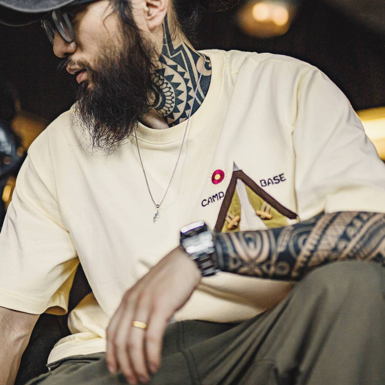 美式創意刺繡T恤米白色純棉重磅半袖螺紋領口短袖男夏季