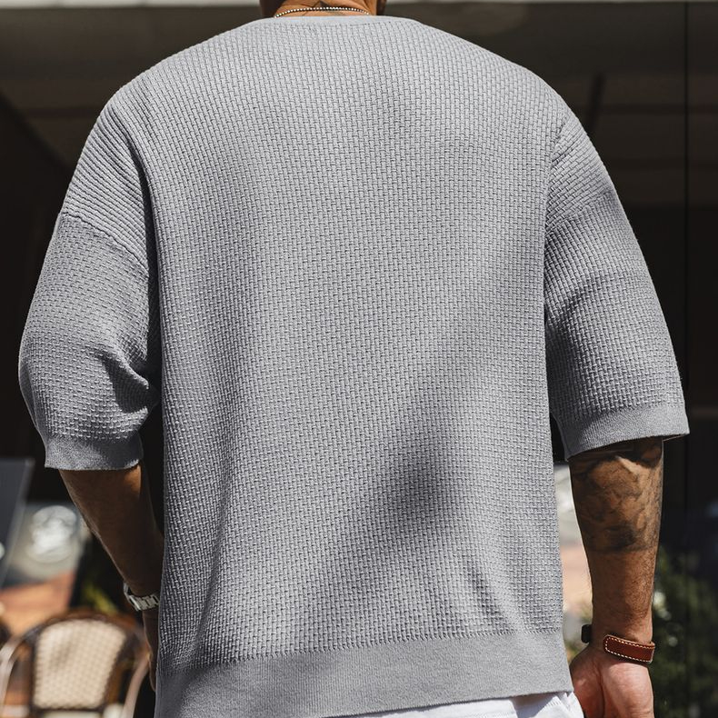 美式竹節紋亨利衫短袖老錢垂感針織灰色寬鬆半袖T恤男夏