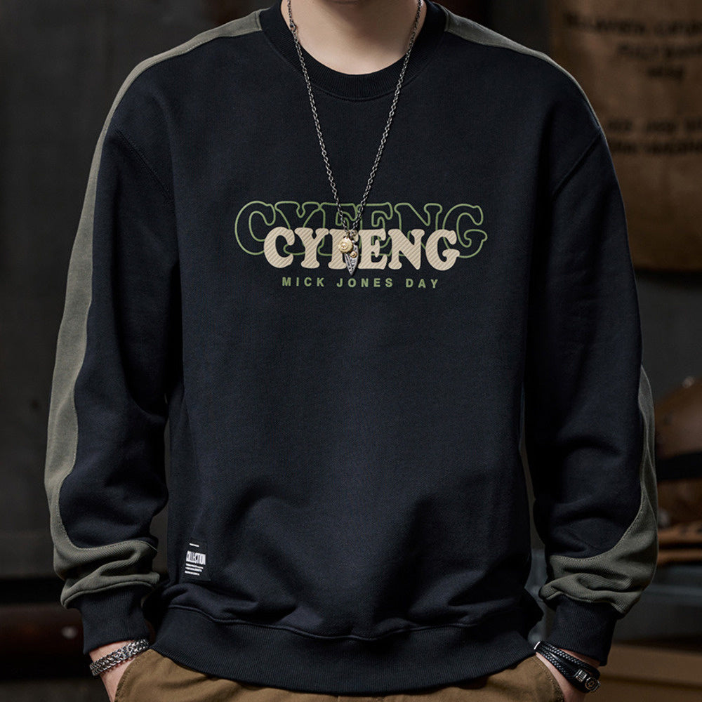 設計感撞色拼接圓領衛衣男士寬松潮牌印花上衣秋冬季400g外套