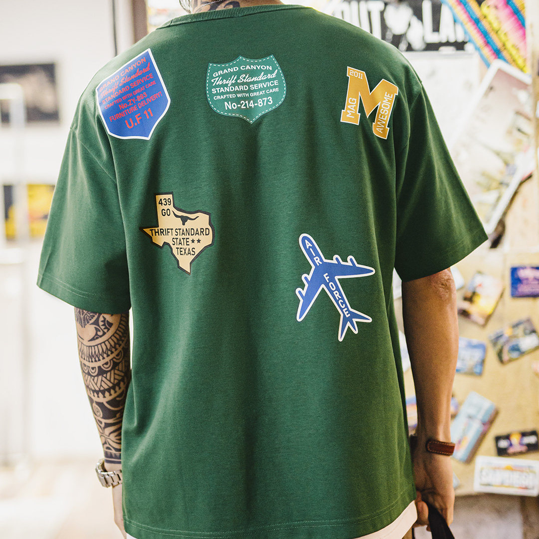 美式章仔印花T恤綠色小衆圓領正肩設計感短袖上衣男款夏