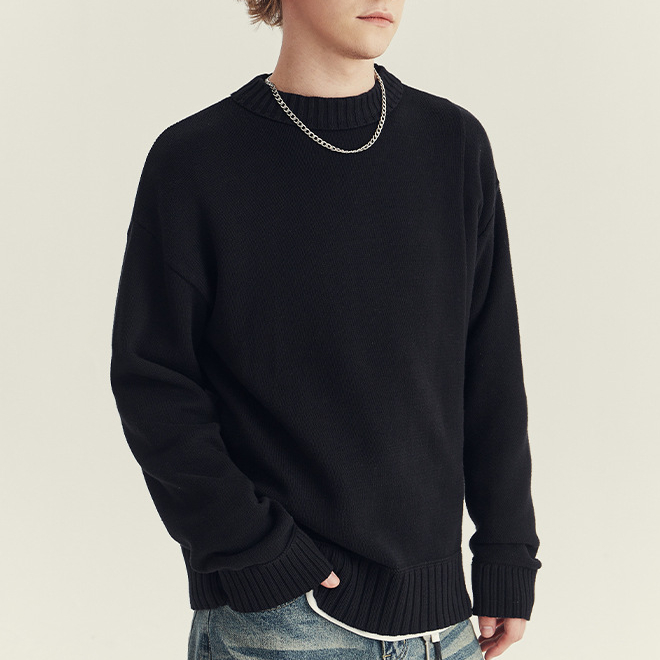 秋冬季圓領毛衣男士潮款韓版拼接寬鬆套頭針織衫長袖內搭