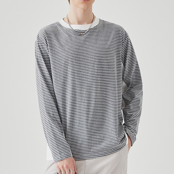 撞色條紋長袖T恤男士春秋季潮牌寬鬆圓領內搭上衣打底衫