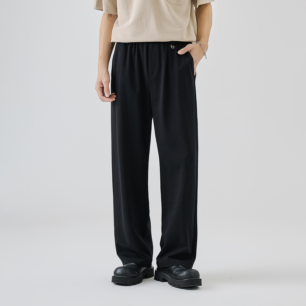 針織休閒褲子男士夏季薄款潮流百搭寬鬆直筒垂感繫帶長褲