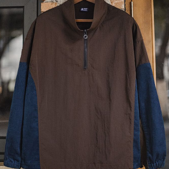 美式復古拼接半拉鍊夾克翻領撞色戶外燈芯絨褶皺衛衣男春