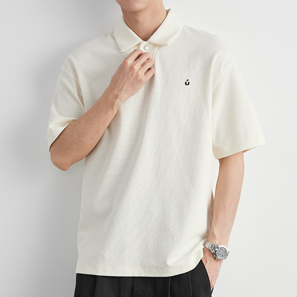 日系刺繡小標翻領紐扣Polo衫男夏季純色寬鬆通勤百搭短袖T恤