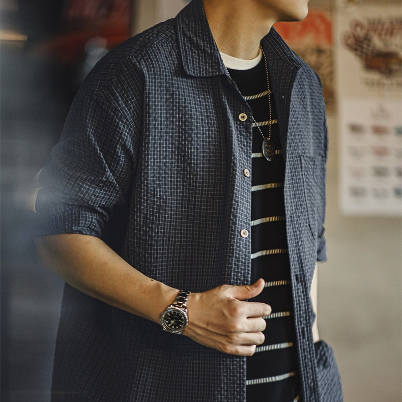 美式復古泡泡紗格子長袖襯衫肌理感翻領拼接襯衣外套男秋