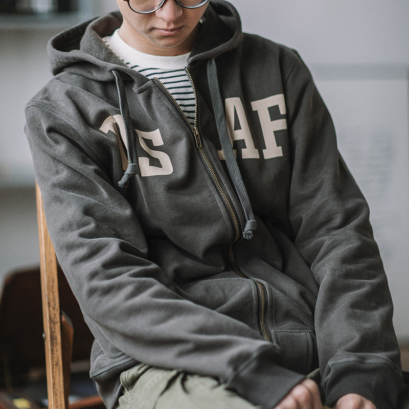 連帽美式開衫衛衣阿美咔叽軍風印花工裝加厚外套拉鏈帽衫