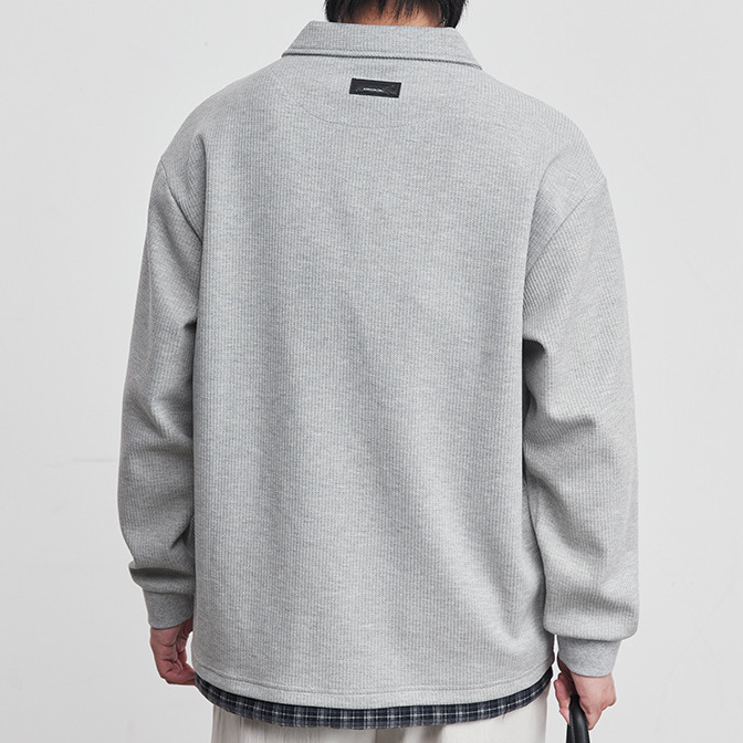 華夫格肌理翻領假兩件POLO衫衛衣男春季2026新款長袖T恤上衣
