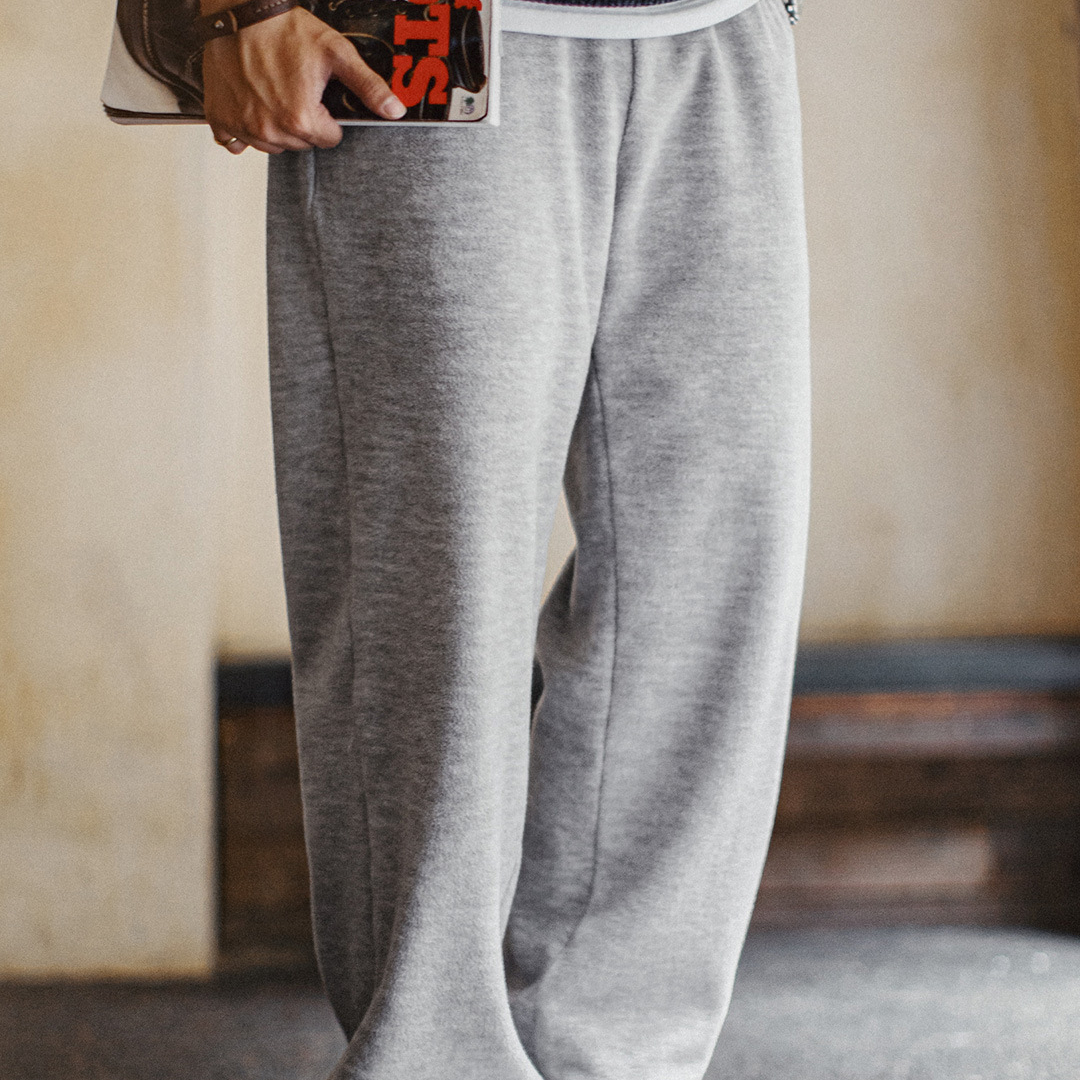 美式休閒灰色搖粒絨衛褲加絨直筒鬆緊腰束腳長褲子男秋冬