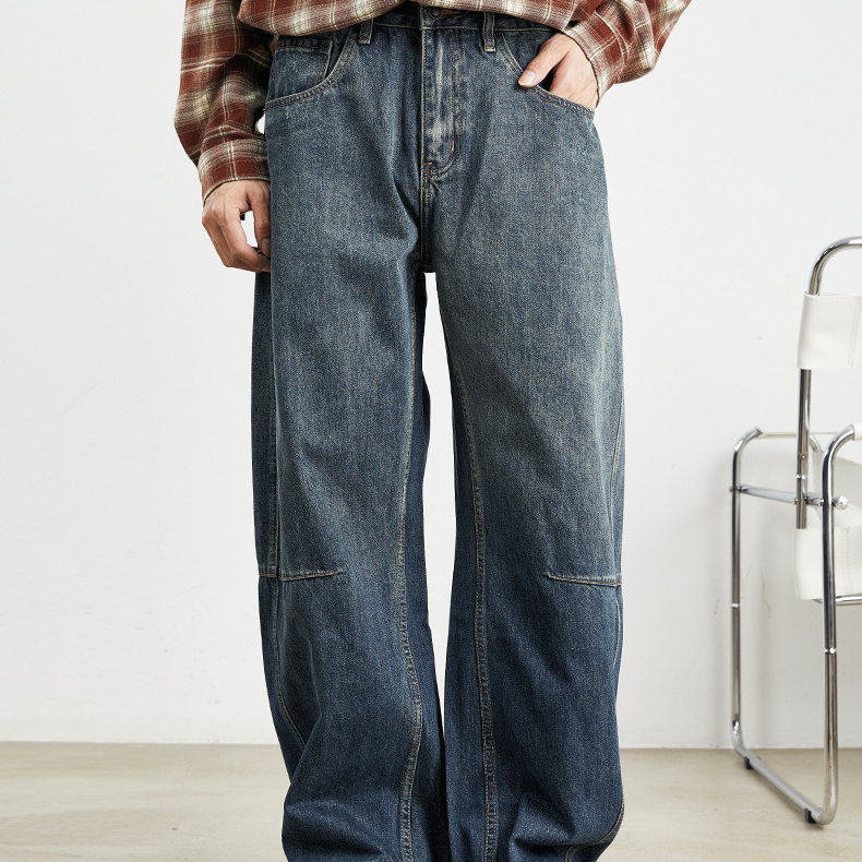 美式復古闊腿牛仔褲男春秋季寬鬆垂感老爹褲水洗大碼褲子