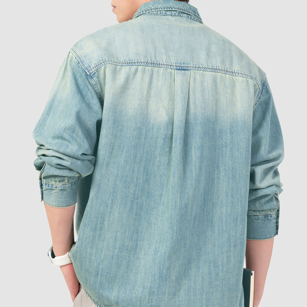 萊賽爾天絲竹節工裝牛仔襯衫男春季水洗寬松長袖襯衣