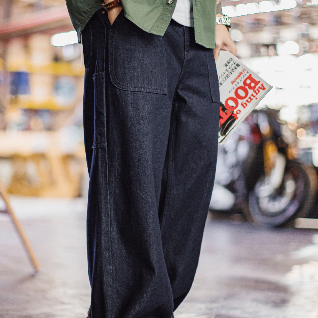 美式古布水洗牛仔褲直筒BORO闊腿深藍色寬鬆休閒褲子男春