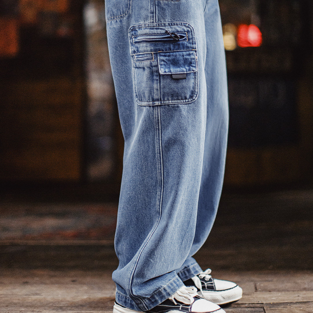 美式水洗牛仔褲丹寧寬鬆直筒日系口袋垂感休閒長褲子男春