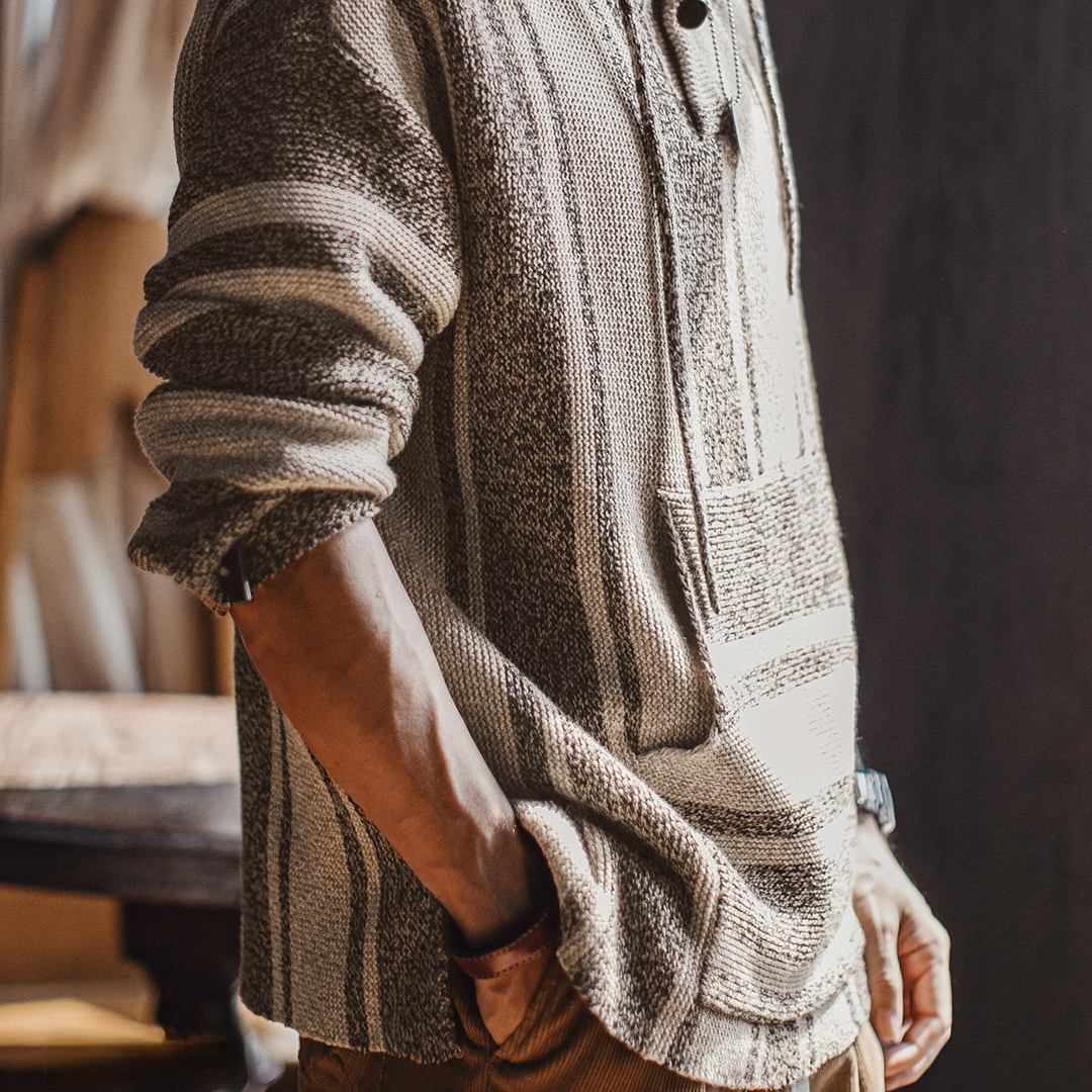 美式復古巴哈半開襟連帽衛衣套頭針織衫薄款垂感外套男春