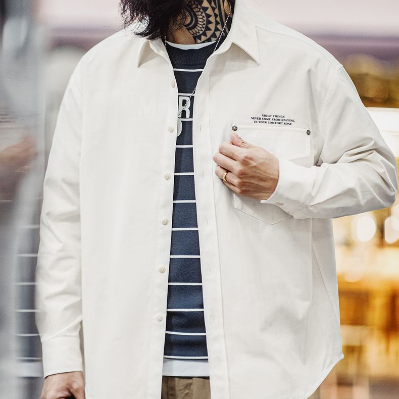 美式休閒人字紋廓形長袖襯衫印花疊穿翻領白色襯衣男秋冬