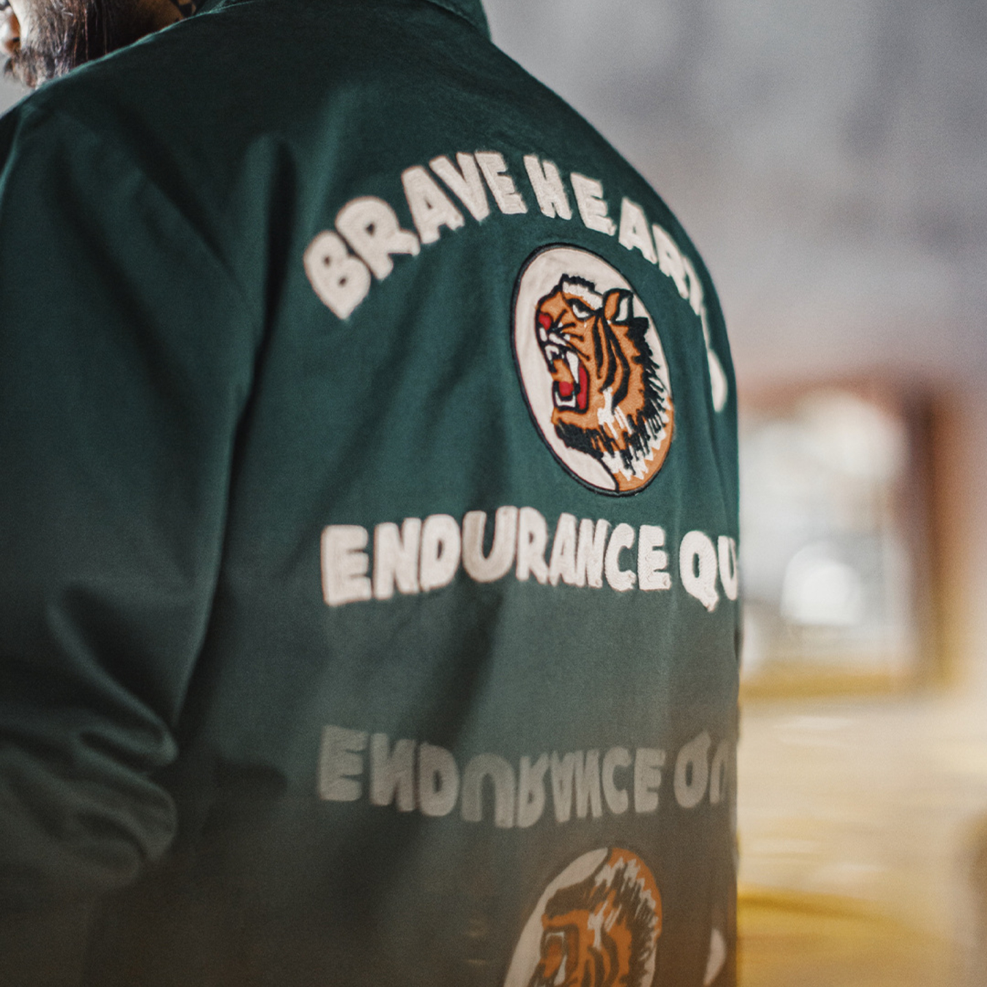 美式復古刺繡教練夾克翻領墨綠色純棉重磅長袖外套男秋