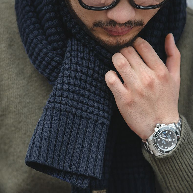 美式復古淺灰針織毛線圍巾秋冬含羊毛純色保暖圍脖男潮